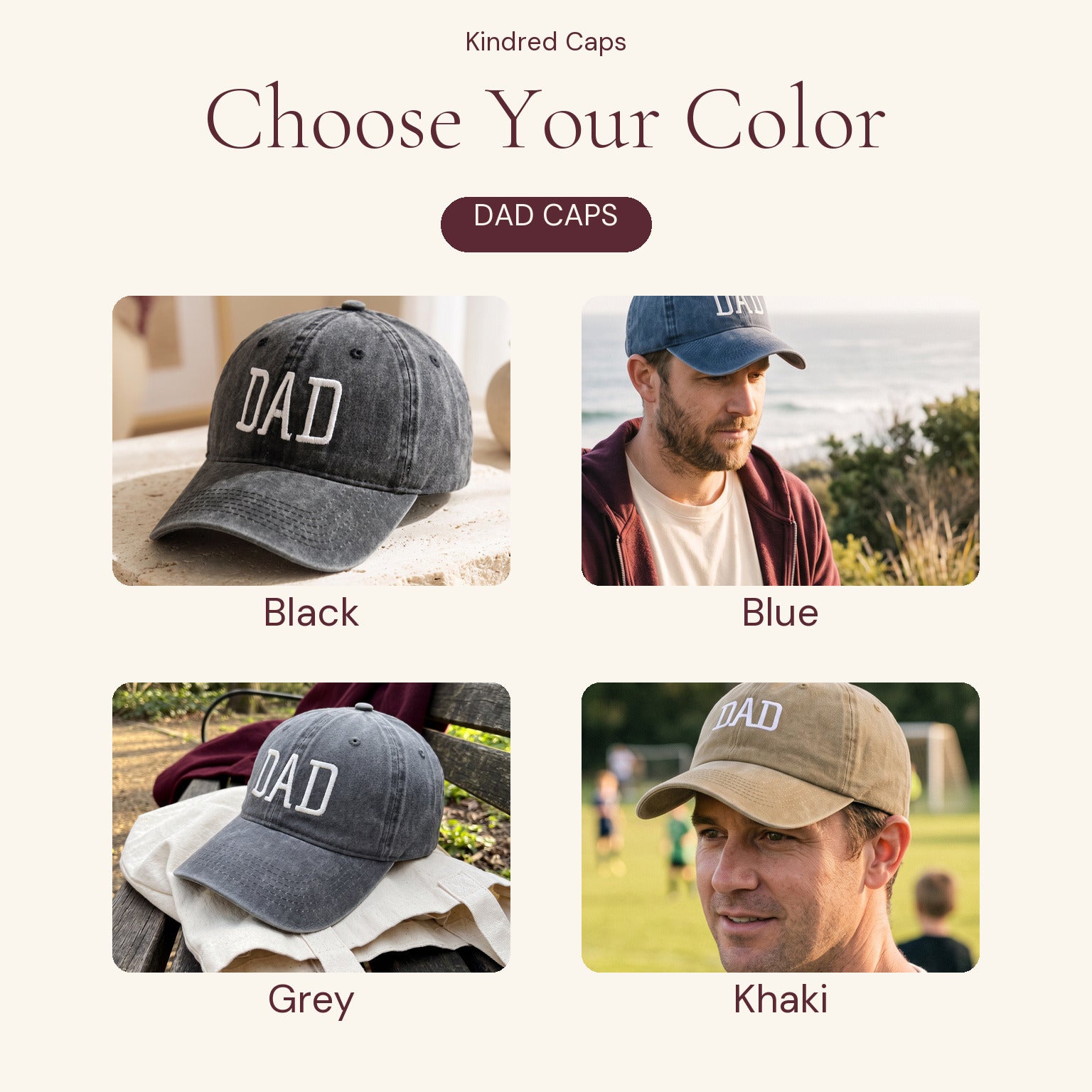 DAD cap colours: Black, Blue, Grey and Khaki