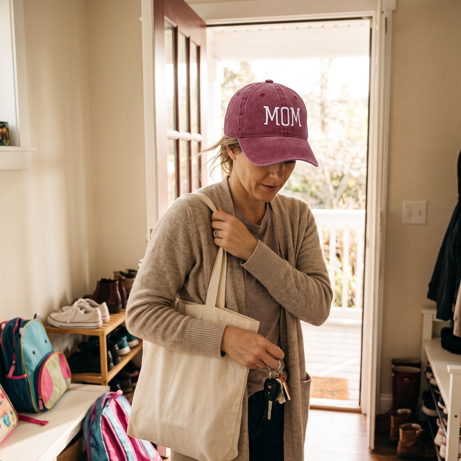 Red MOM cap ready for the school run beside the front door