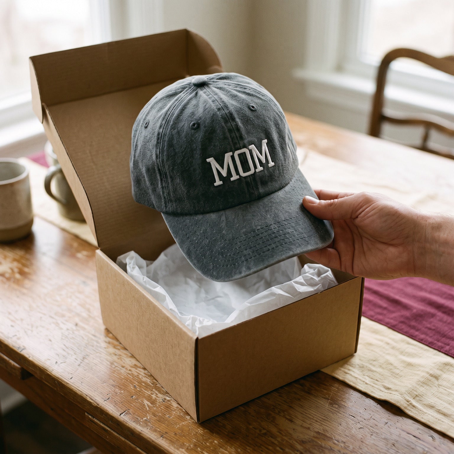 Grey MOM cap being taken from a tissue-lined box