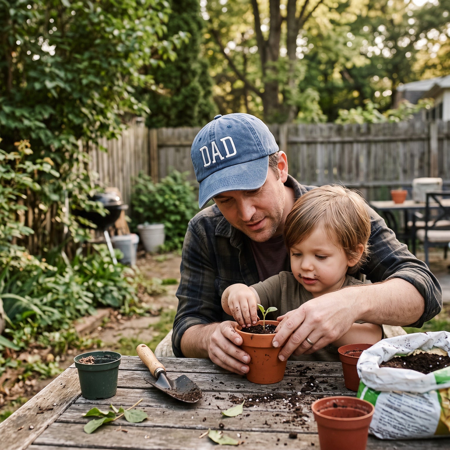Dad in a Blue DAD cap gardening with his child