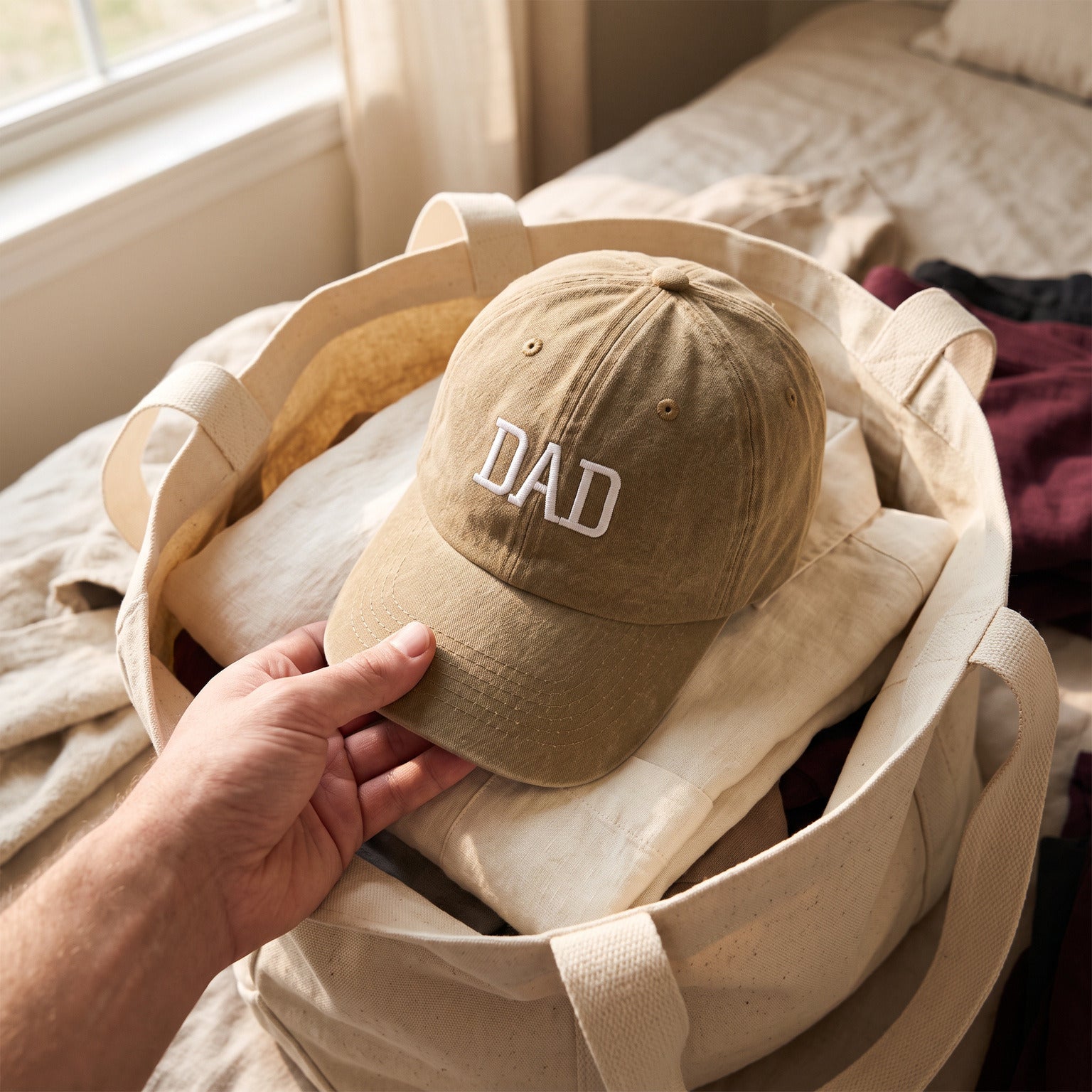 Khaki DAD cap packed beside an everyday tote