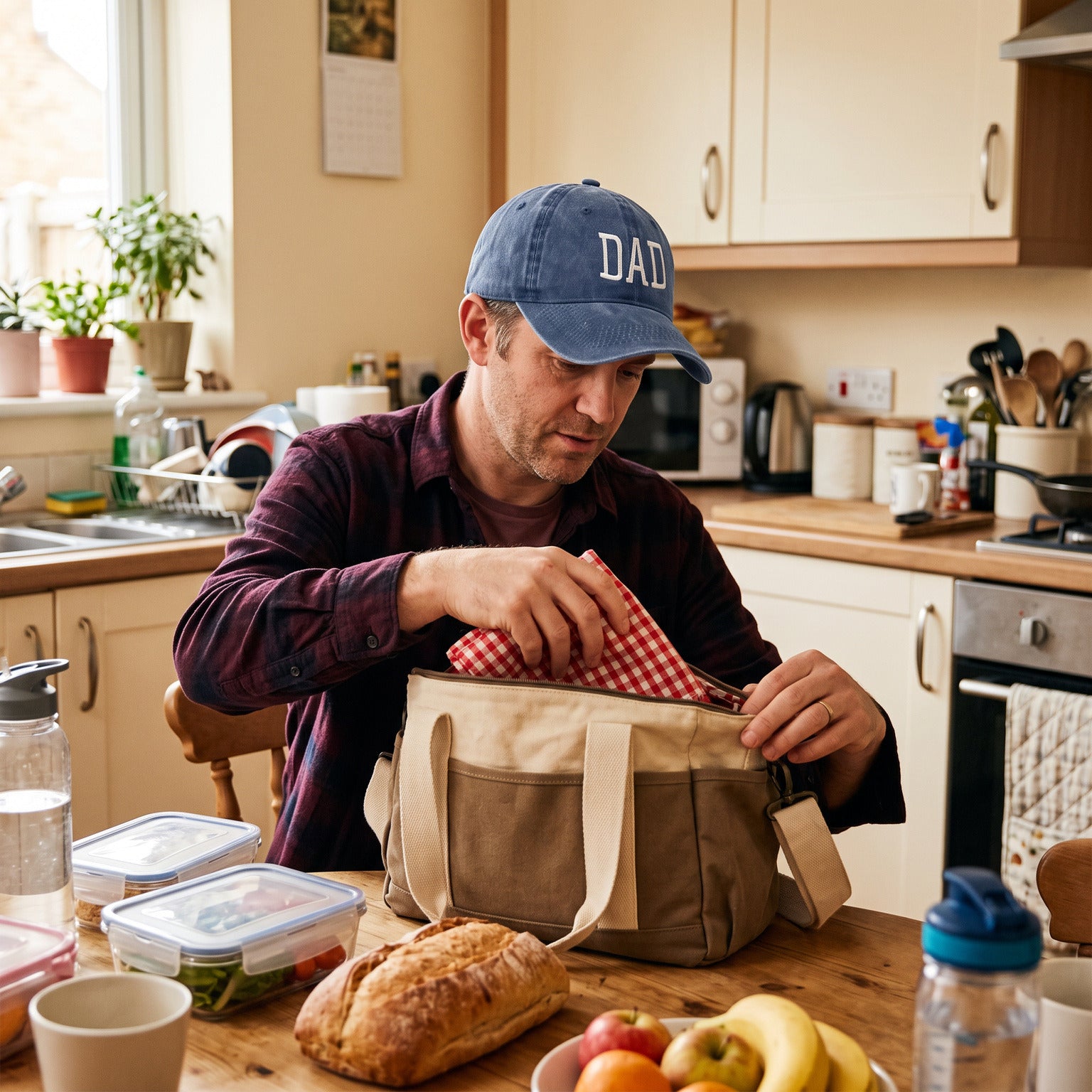 Dad wearing a Blue DAD cap while packing a picnic bag